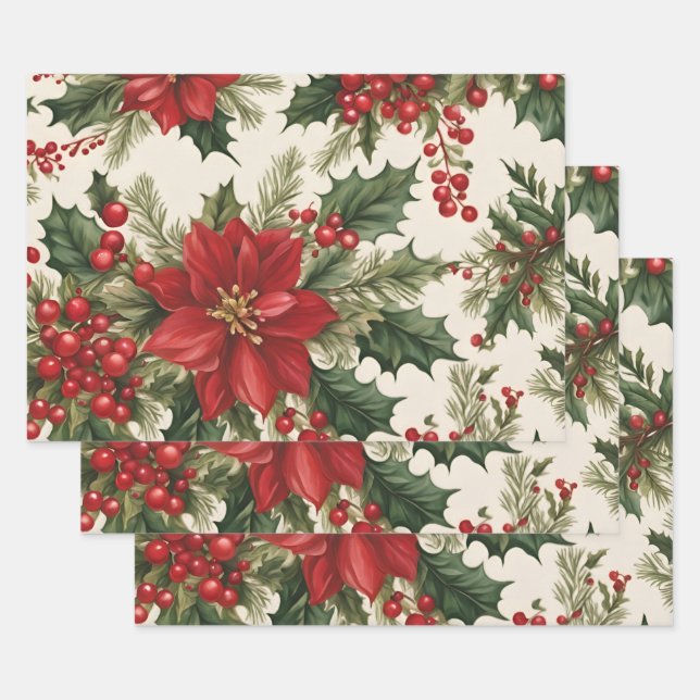 Feuille De Papier Cadeau Noël Holly & Red Berries (Lot)