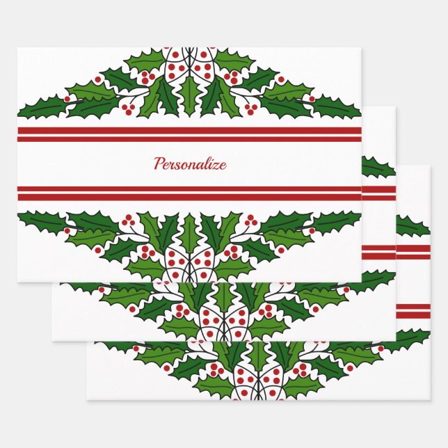 Feuille De Papier Cadeau Noël Holly & Red Berries Noël Noël (Lot)