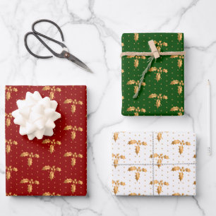 Feuille De Papier Cadeau Noël Holly sur Rouge, Vert et Blanc