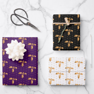 Feuille De Papier Cadeau Noël Holly sur violet, noir et blanc