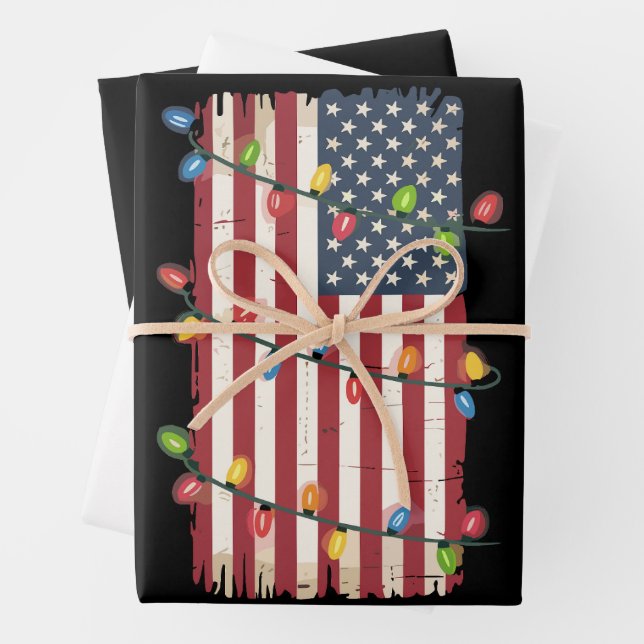Feuille De Papier Cadeau Noël Lumières USA Drapeau patriotique vétéran Noël (En situation)