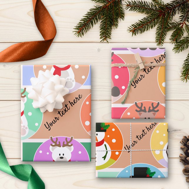Feuille De Papier Cadeau Noël mignon coloré hiver (Wrapping paper sheets featuring Christmas and winter designs with polar bear, reindeer and snowman)