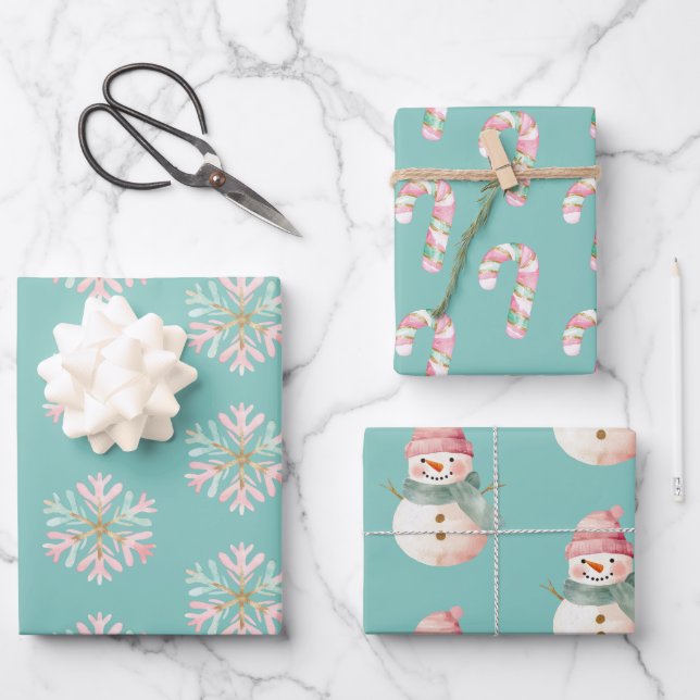 Feuille De Papier Cadeau Noël Mint Pink Snowflakes Sucres de canne Snowman (Recto)