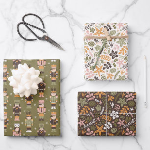 Feuille De Papier Cadeau Noël moderne avec fleurs et casse-noisettes