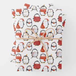 Feuille De Papier Cadeau Noël Motif des pingouins festifs mignons