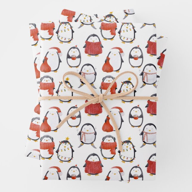 Feuille De Papier Cadeau Noël Motif des pingouins festifs mignons (En situation)