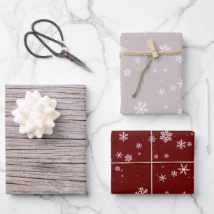 Feuille De Papier Cadeau Noël Motif Flocon de Neige Bois Rustique Beige Rou