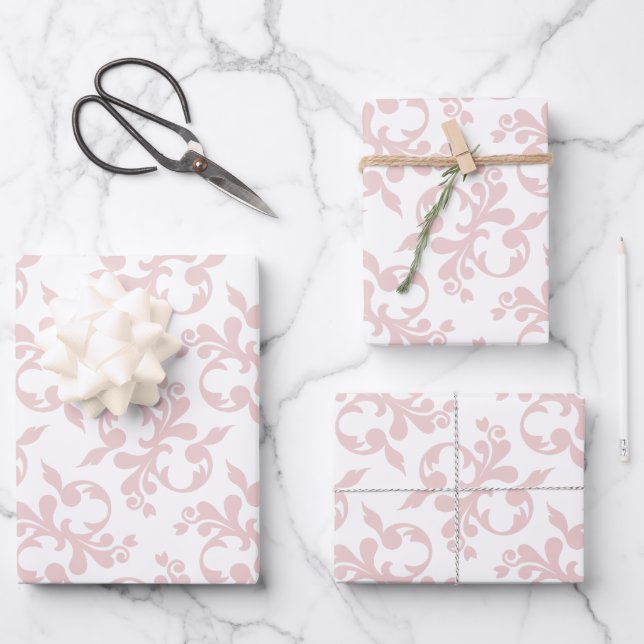 Feuille De Papier Cadeau Noël motif rococo classique rose blanc (Recto)