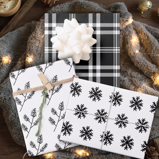 Feuille De Papier Cadeau Noël Noir Et Blanc Classique (Classic Black And White Christmas Holiday Wrapping Paper Sheets)