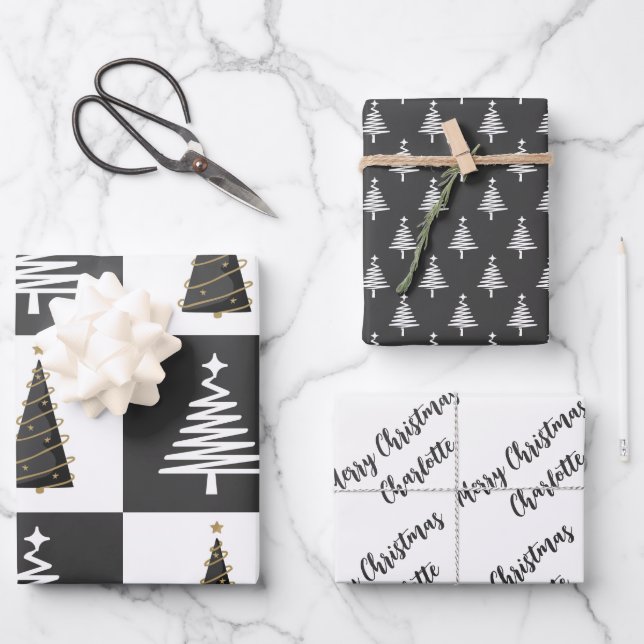 Feuille De Papier Cadeau Noël noir et blanc personnalisé moderne (Recto)