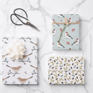 Feuille De Papier Cadeau Noël Oiseaux sauvages et Branches Motif