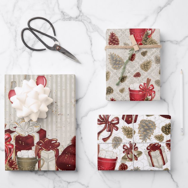 Feuille De Papier Cadeau Noël or rouge luxe Hot Chocolat Motif (Recto)