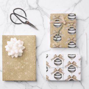 Feuille De Papier Cadeau Noël Pailletage Or Ornement Ruban Noir Rayures Dor