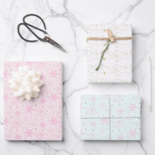 Feuille De Papier Cadeau Noël Pastel Blue et Pink et Gold Snowflakes