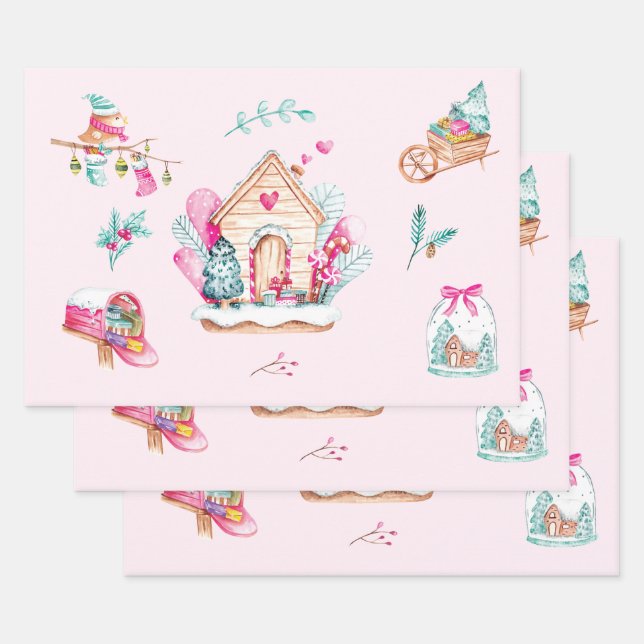 Feuille De Papier Cadeau Noël Pastel Rose Aquarelle (Lot)