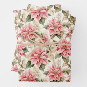 Feuille De Papier Cadeau Noël Pastel Rose Poinsettia Fleurs