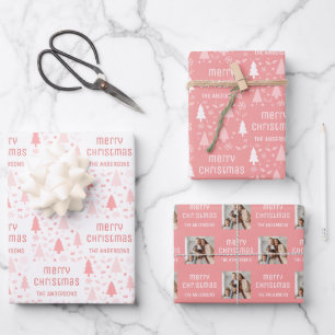 Feuille De Papier Cadeau Noël Photo personnalisée Nom de famille Blush Pink