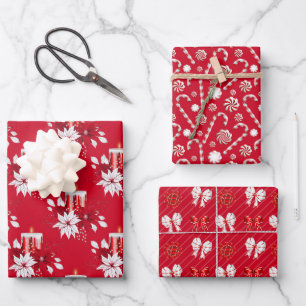 Feuille De Papier Cadeau Noël Poinsettia Bow Sucre de canne bougie rouge
