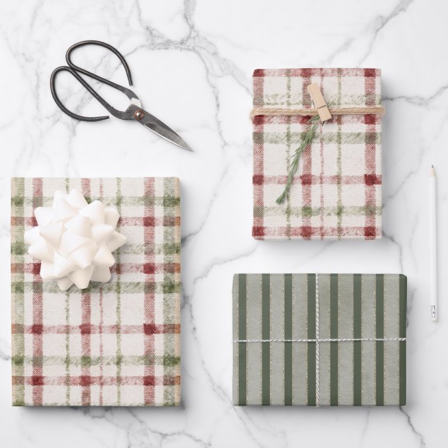 Feuille De Papier Cadeau Noël rayures vertes crème rouges (Recto)