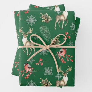 Feuille De Papier Cadeau Noël Rein Deer et Red Berries Nature Green