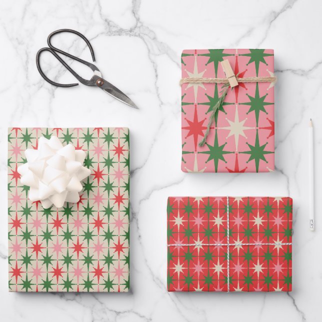 Feuille De Papier Cadeau Noël Rétro Étoile Éclatée Atomique Milieu de Siècl (Recto)
