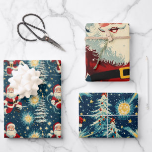 Feuille De Papier Cadeau Noël Rétro Vintage : Père Noël Starry Night
