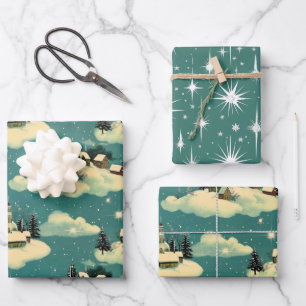 Feuille De Papier Cadeau Noël rétro Vintage : Scène d'hiver lunaire