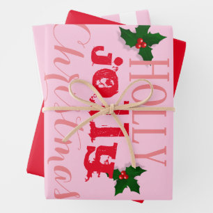 Feuille De Papier Cadeau Noël Rose Et Rouge Holly Jolly