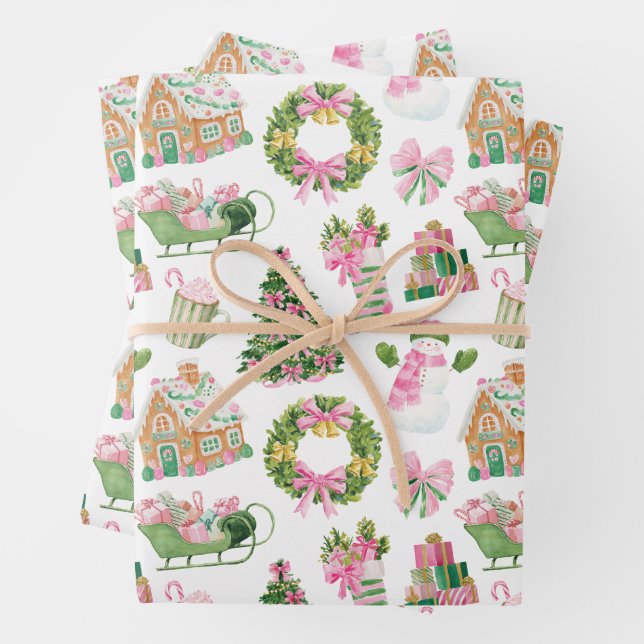 Feuille De Papier Cadeau Noël rose et vert Preppy (En situation)