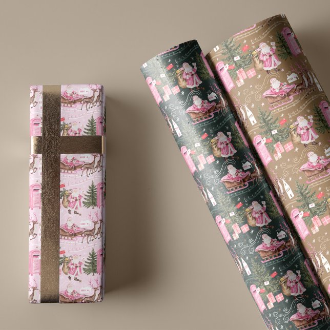 Feuille De Papier Cadeau Noël rose Père Noël Reindeer North Pôle Village (Pink Christmas Santa Reindeer North Pole Village Wrapping Paper Sheets)