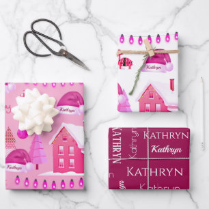 Feuille De Papier Cadeau Noël rose personnalisé