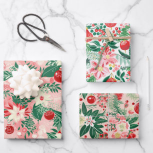 Feuille De Papier Cadeau Noël rose rouge floral