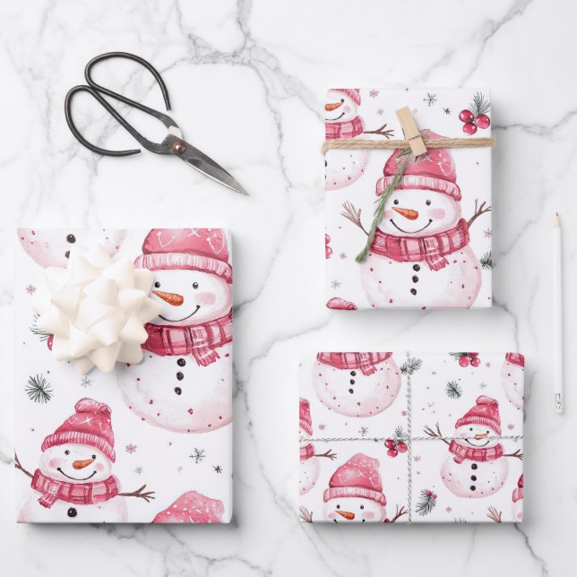 Feuille De Papier Cadeau Noël rose Snowman (Recto)