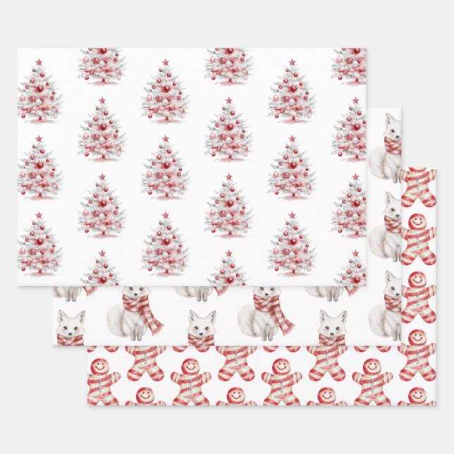 Feuille De Papier Cadeau Noël Rouge Blanc Peppermenthe Arbres Foxes Cookies (Lot)