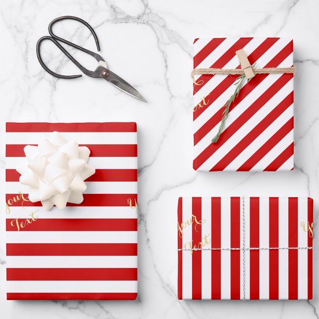 Feuille De Papier Cadeau Noël Rouge Blanc Stripes Or Texte Noël (Christmas Red White Stripes Gold Text Holiday Xmas Wrapping Paper Sheets)