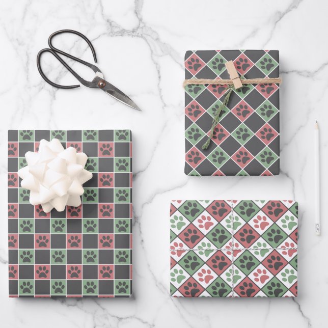 Feuille De Papier Cadeau Noël rouge et vert motif Empreinte de patte à thèm (Recto)