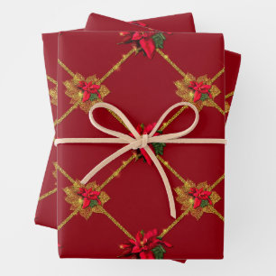 Feuille De Papier Cadeau Noel rouge foncé et vert or Poinsettia