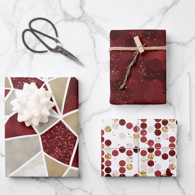 Feuille De Papier Cadeau Noël rouge or luxe Motif géométrique (Recto)