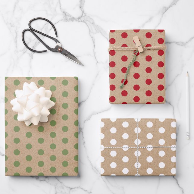 Feuille De Papier Cadeau Noël Rouge Vert & Blanc Kraft Pois (Recto)