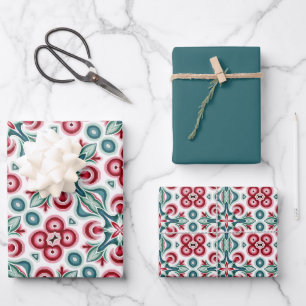 Feuille De Papier Cadeau Noël Rouge, Vert & Blanc Motif