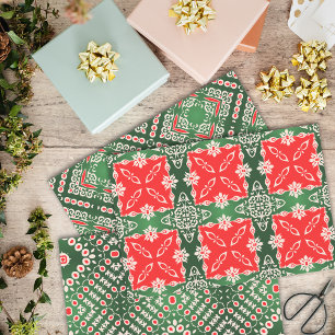 Feuille De Papier Cadeau Noël Rouge Vert Blanc Vintage Damas Pattes