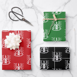 Feuille De Papier Cadeau Noël rouge vert noir blanc bougies motif