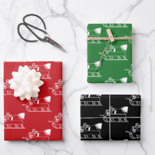 Feuille De Papier Cadeau Noël rouge vert noir blanc Père Noël motif de traî
