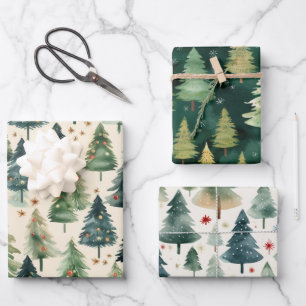 Feuille De Papier Cadeau Noël Rustique Forêt d'hiver Pins Arbres