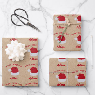 Feuille De Papier Cadeau Noël Santa Hat & Nom personnalisé Motif Kraft