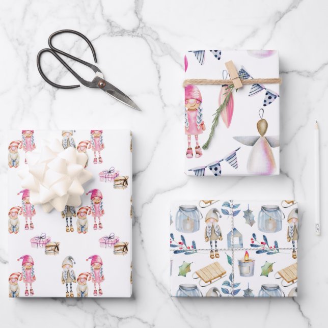 Feuille De Papier Cadeau Noël scandinave poupées de cerf scandinave (Recto)