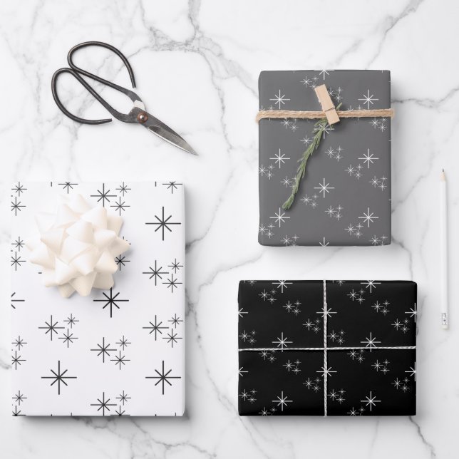 Feuille De Papier Cadeau Noël Snowflakes Motif Noir Blanc Simple (Recto)