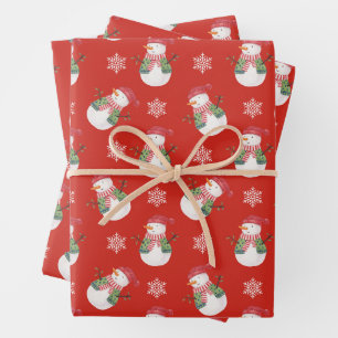 Feuille De Papier Cadeau Noël Snowman et Snowflakes Rouge