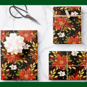 Feuille De Papier Cadeau Noël Spirit Floral Rouge Vert Or