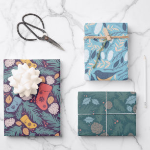 Feuille De Papier Cadeau Noël Stocker Oiseau Pinecone Vacances